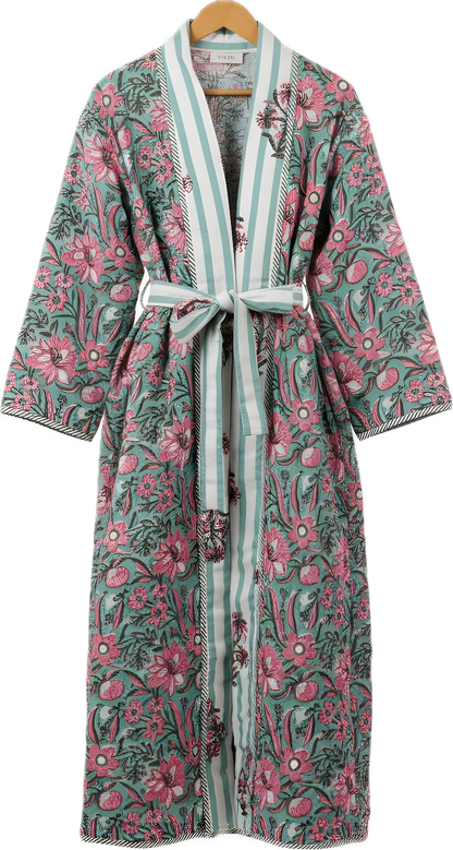 GREEN FLORAL HAND BLOCK PRINT ROBE