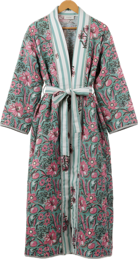 GREEN FLORAL HAND BLOCK PRINT ROBE