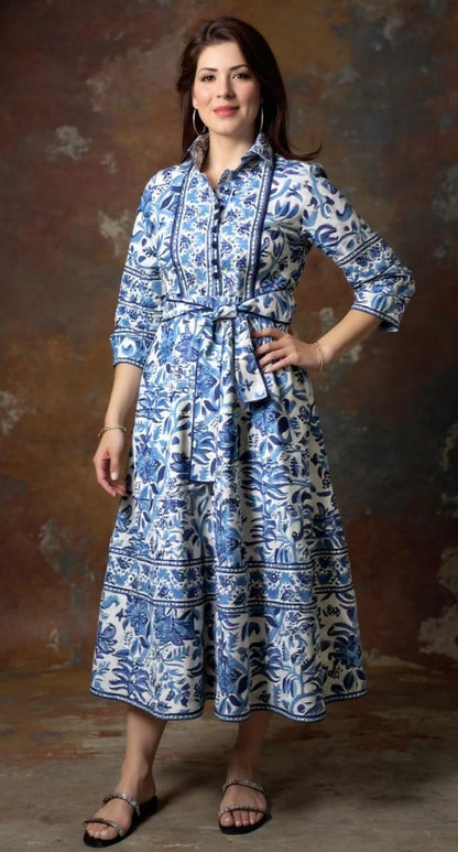 Blue Block Printed Midi Dress with Belt