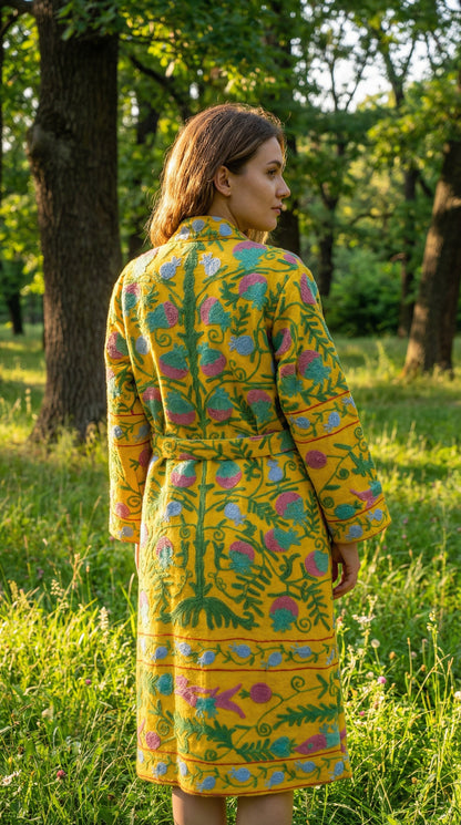 Suzani Embroidery Bath Robe in Yellow