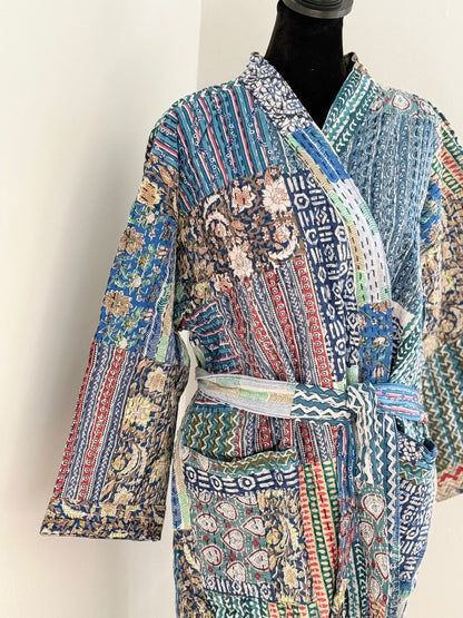 Reversible Grey Quilted Cotton Kimono Robe