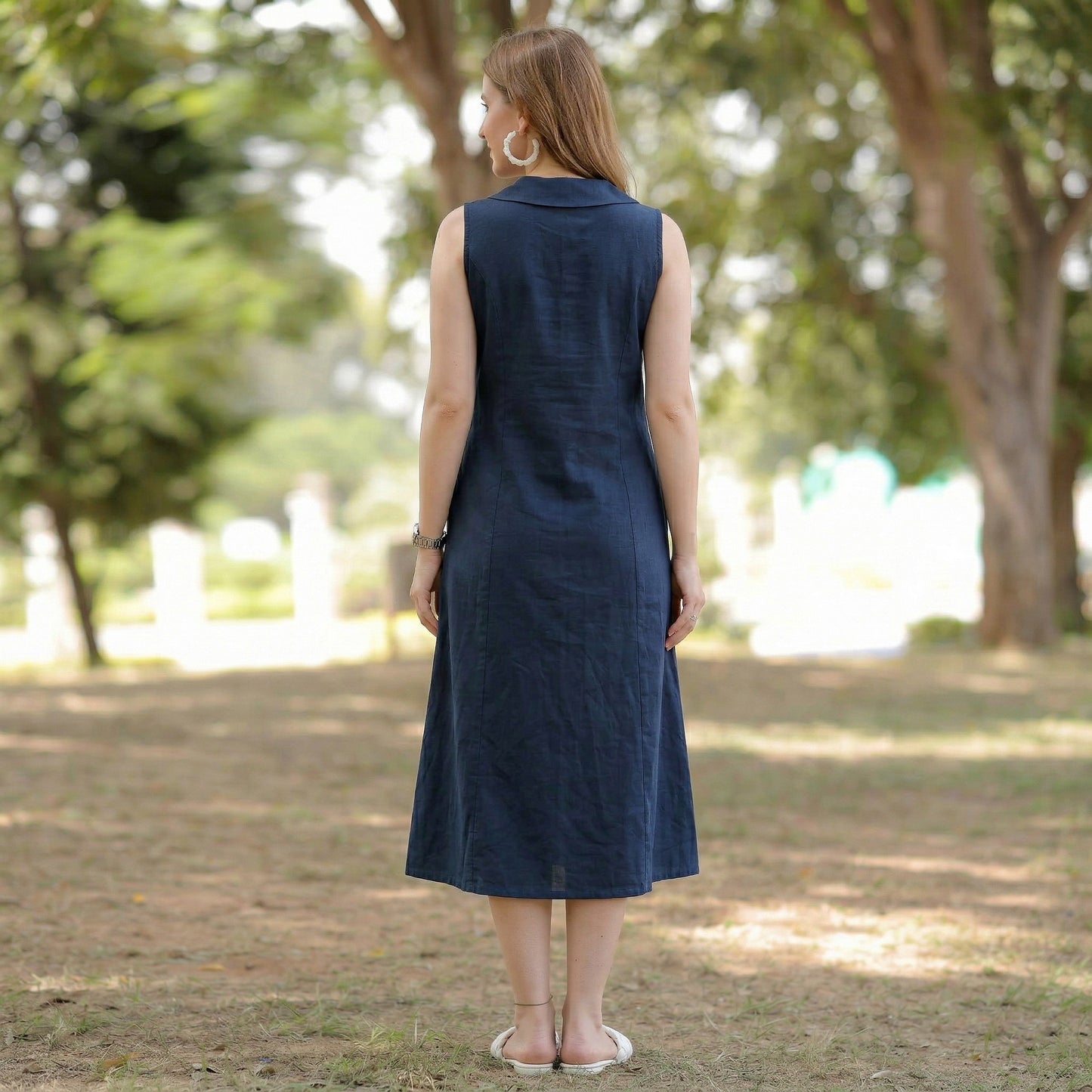 Blue Linen Cotton Blend Midi Dress: Sleeveless A-Line Summer Dress
