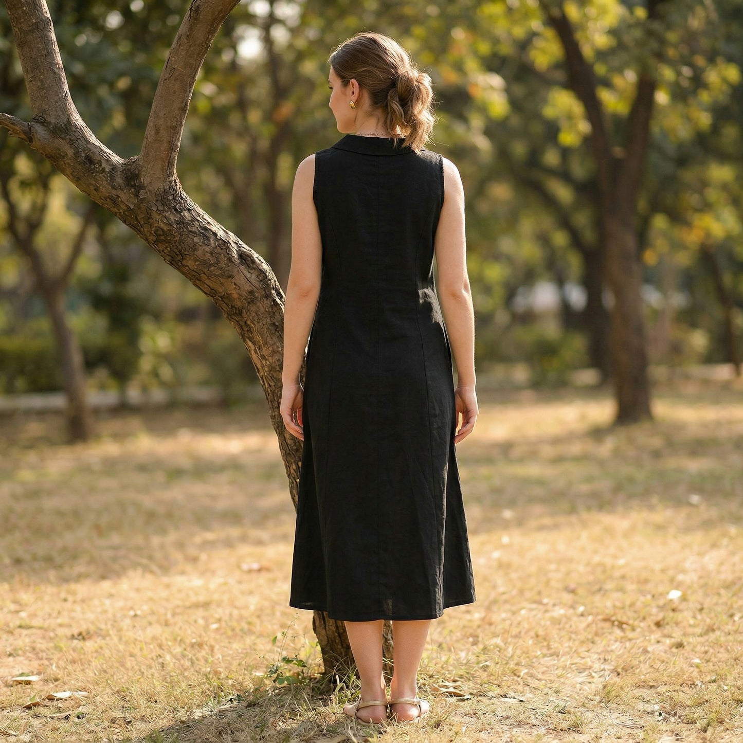 Black Linen Cotton Blend Midi Dress: Sleeveless A-Line Summer Dress