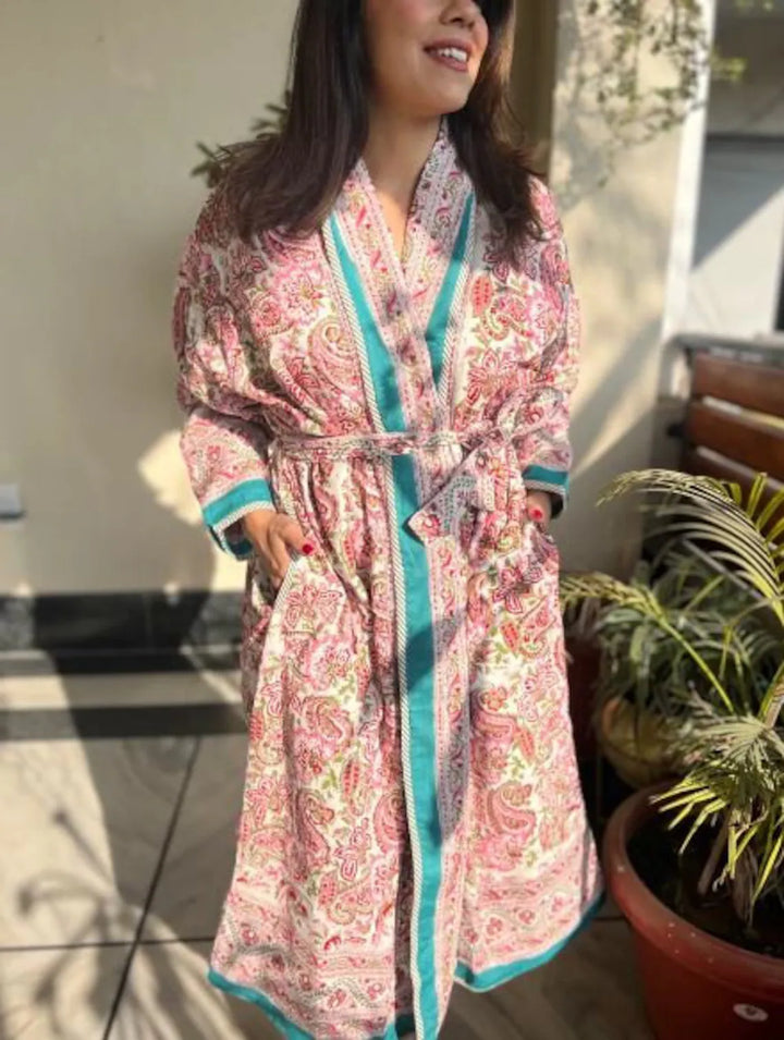 Reversible Jaipuri Handblock Print Quilted Winter Robe