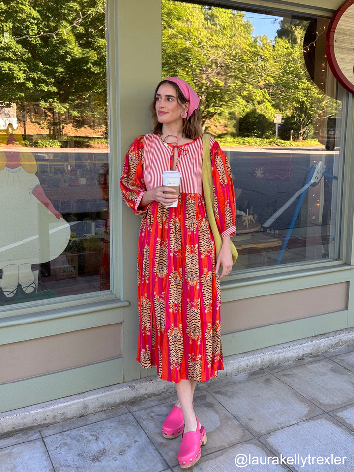 Tiger Block Printed Midi Dress - Orange