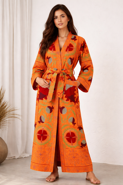 Suzani Embroidery Bath Robe in Orange