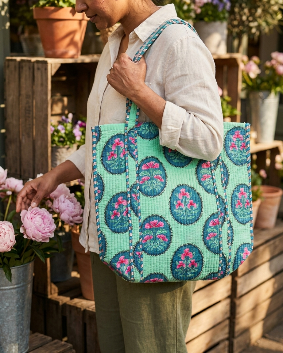 Floral Block Printed Tote Bag