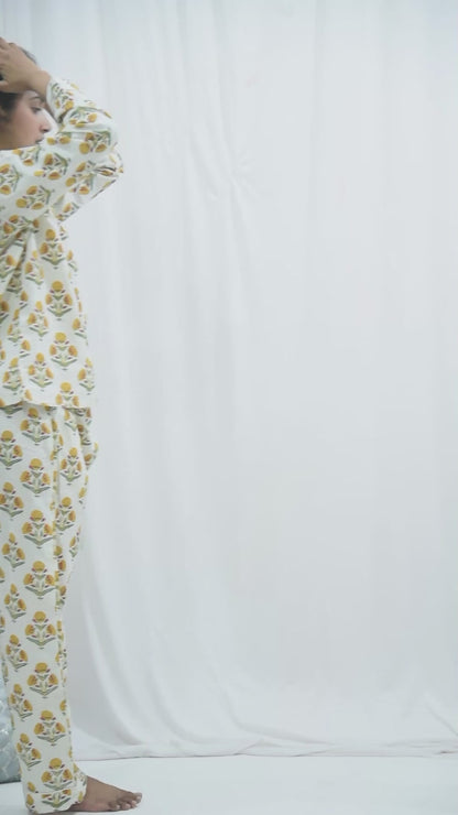 Yellow Block Printed Long PJ Set