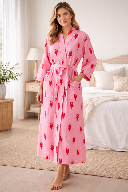 Pink Lobster Printed Cotton Robe