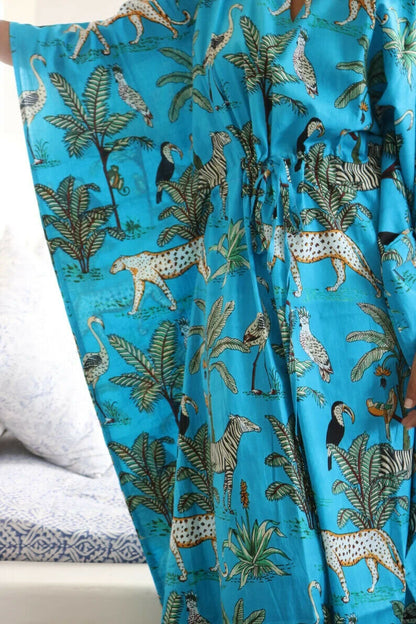 Hand Block Forest Printed Cotton Kaftan in Blue