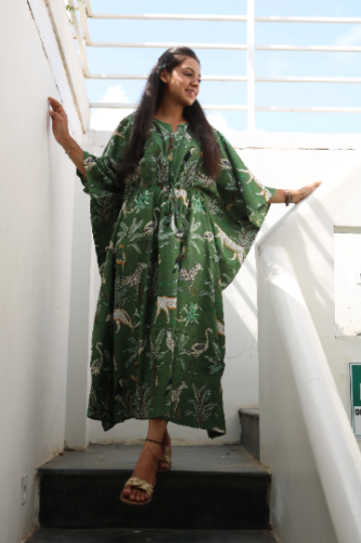 Animal Block Print Cotton Kaftan in Green