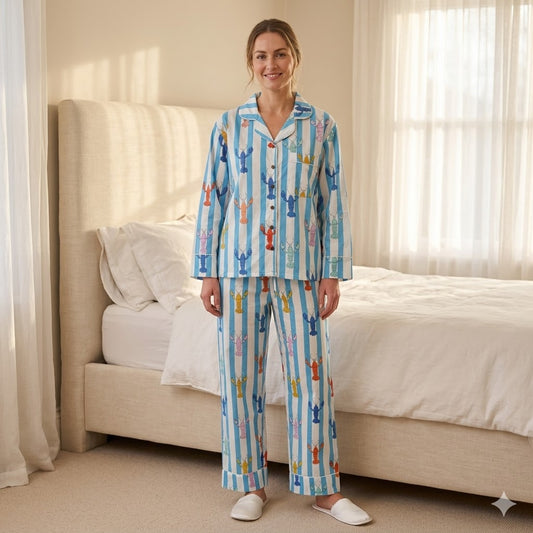 Blue Stripe & Multi-Color Lobster Print Cotton Pajama Set, Coastal Seafood Sleepwear & Loungewea