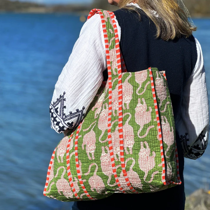 Handmade Green Block Printed Reversible Tote Bag