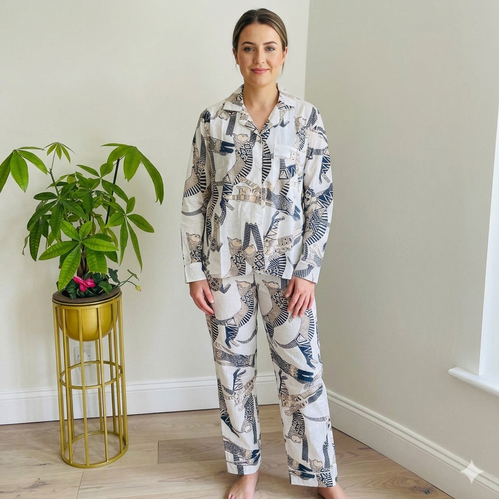 Long Pajama Set in White Cat