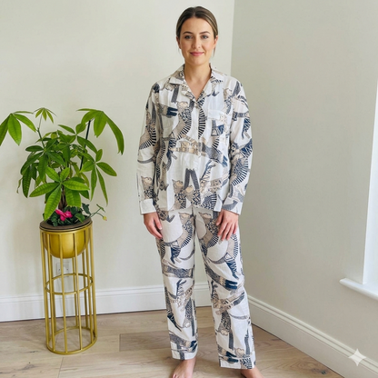 Long Pajama Set in White Cat