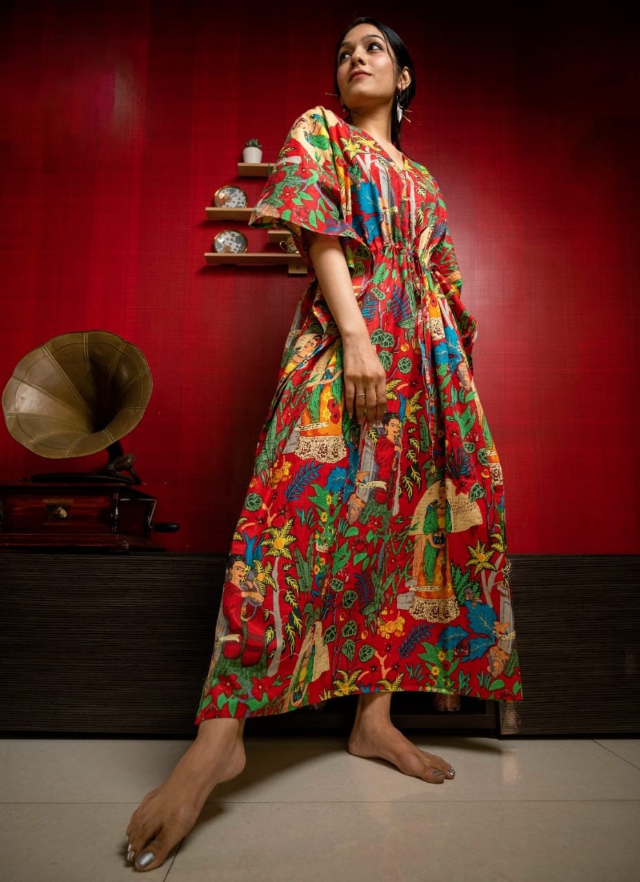 Hand Block- Print Frida Kahlo Cotton Kaftan