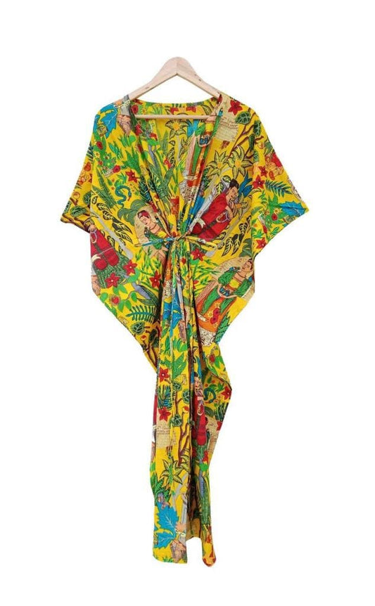 Block Printed Frida Kahlo Kaftan - Yellow