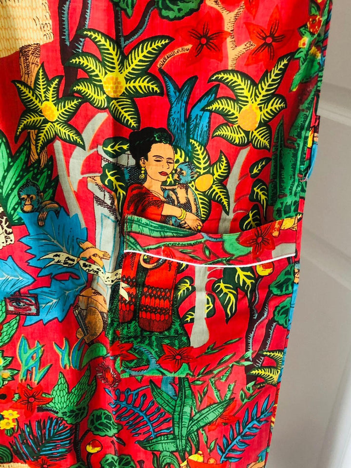 Red Frida Kahlo Print Cotton Kimono Robe