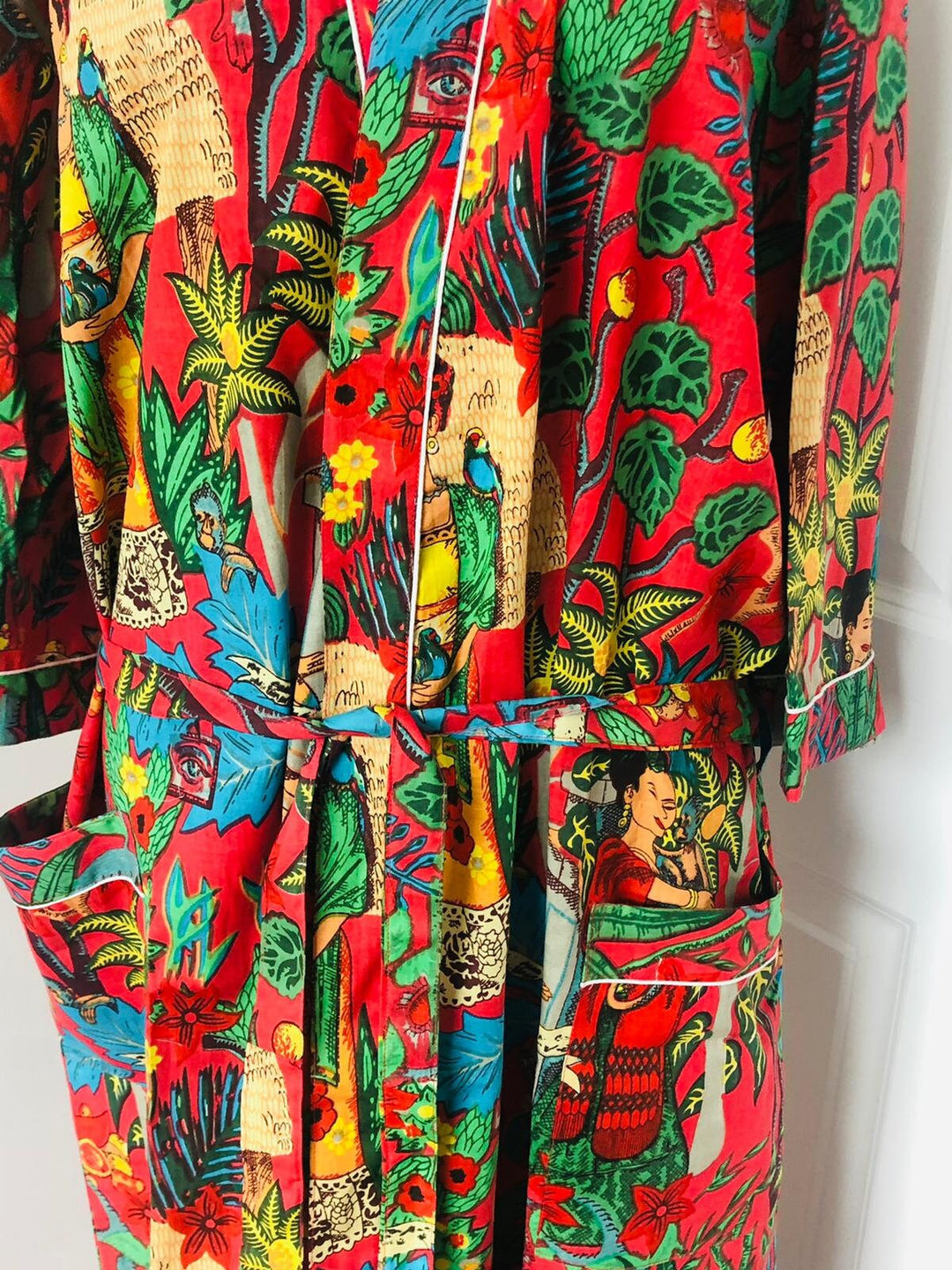 Red Frida Kahlo Print Cotton Kimono Robe