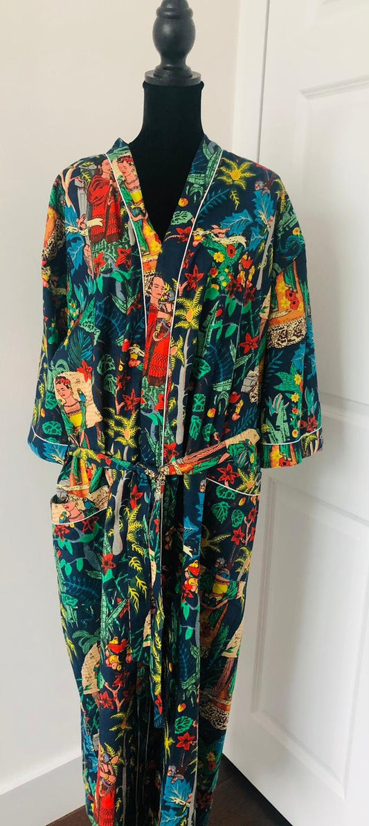 Blue Frida Kahlo Cotton Robe