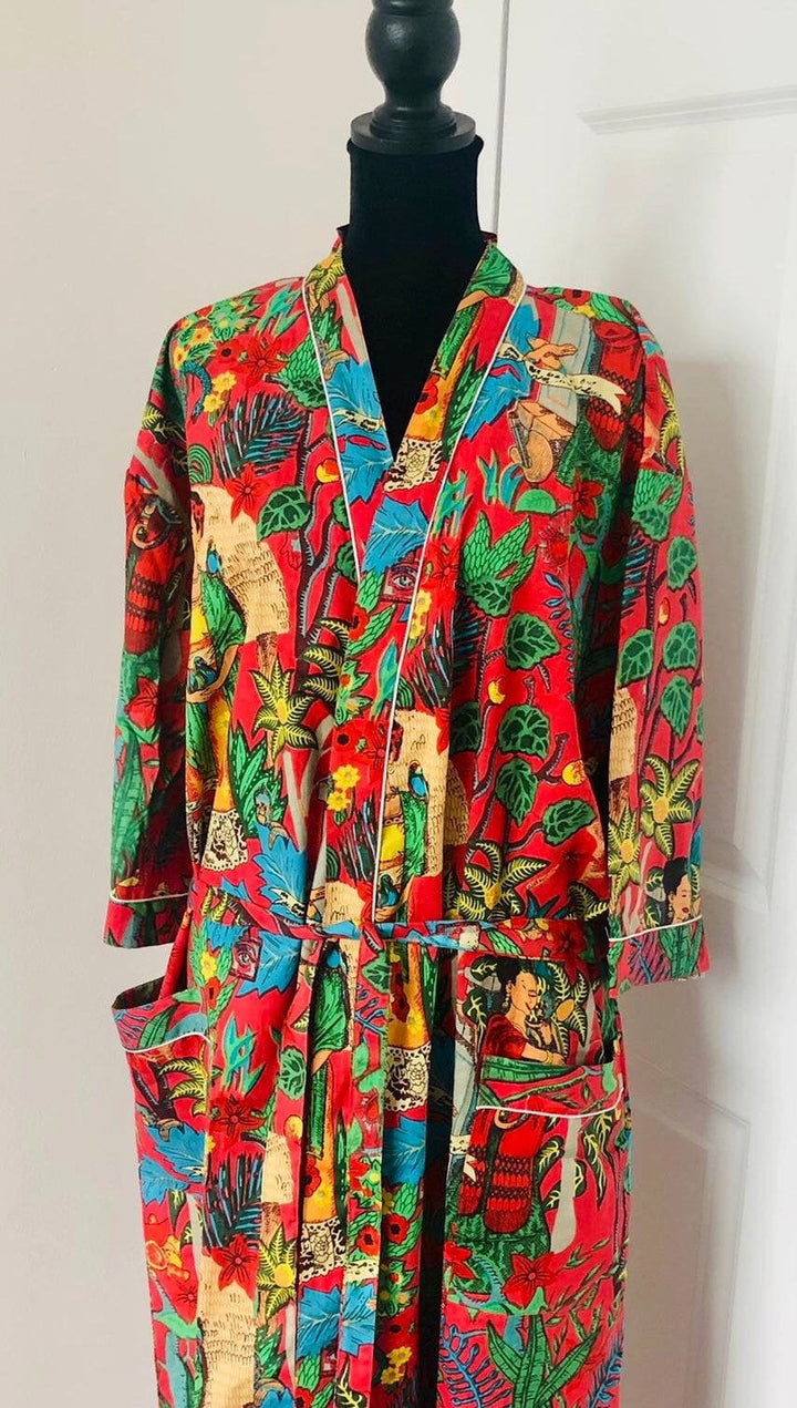 Red Frida Kahlo Print Cotton Kimono Robe