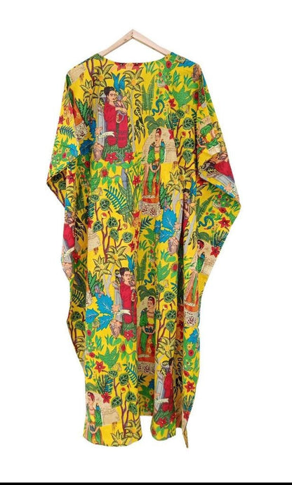 Block Printed Frida Kahlo Kaftan - Yellow