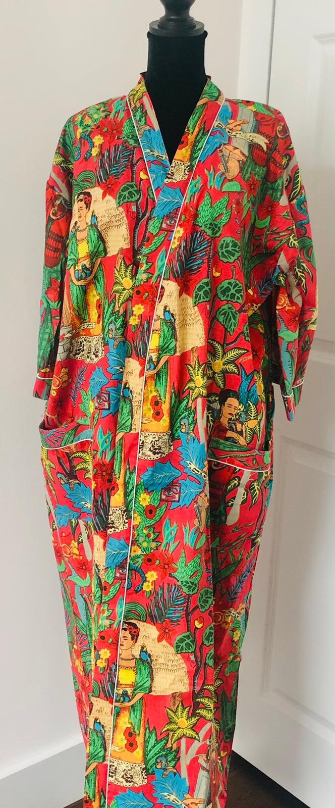 Red Frida Kahlo Print Cotton Kimono Robe