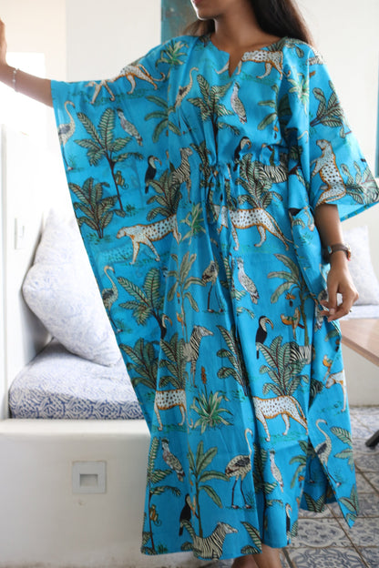 Hand Block Forest Printed Cotton Kaftan in Blue
