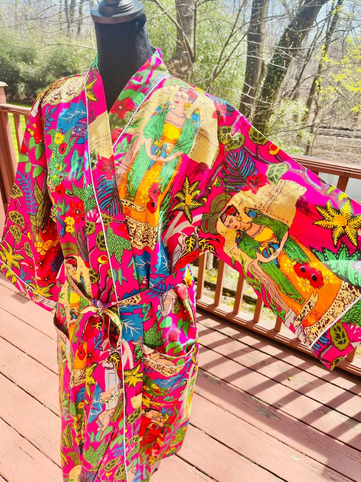 Pink Frida Khalo Long Cotton Kimono