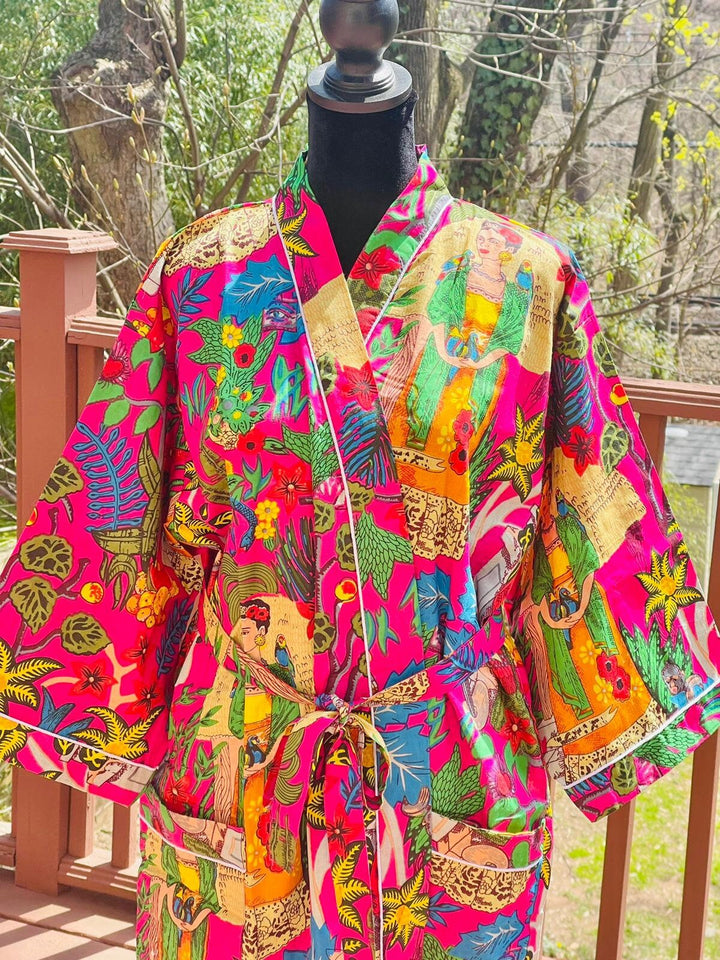 Pink Frida Khalo Long Cotton Kimono