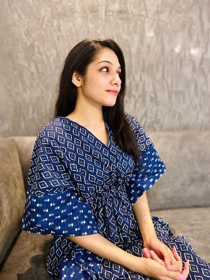 Hand Block Printed Cotton Kaftan - Navy Blue
