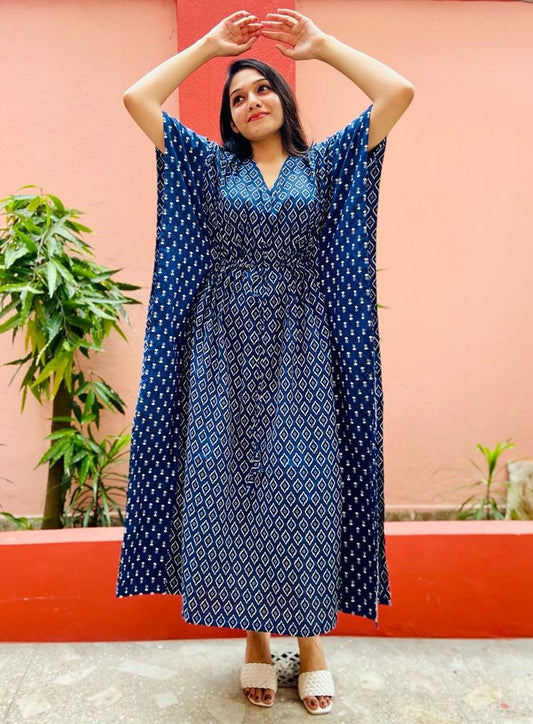 Hand Block Printed Cotton Kaftan - Navy Blue