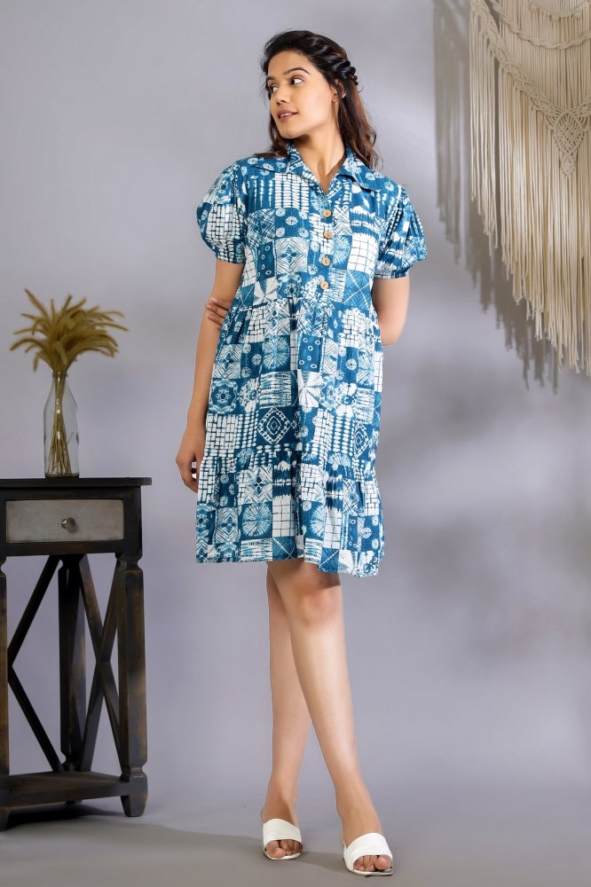 Teal Patch Shibori Cotton Dress