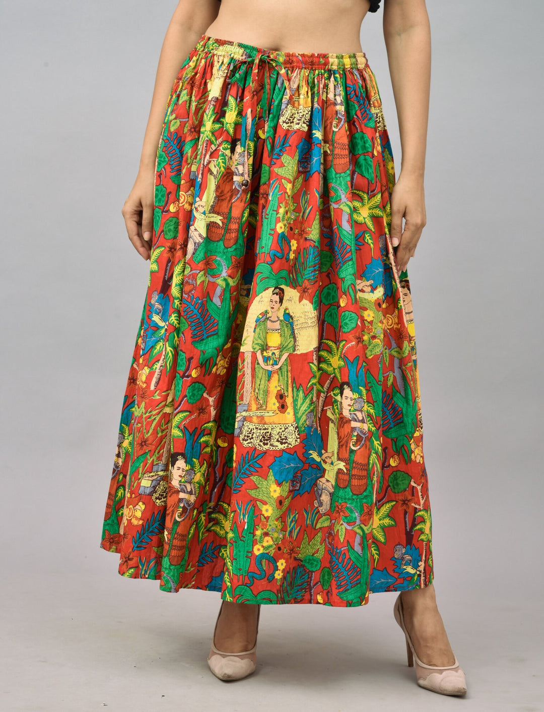 Red Frida Kahlo Hand Block Print Cotton Skirt