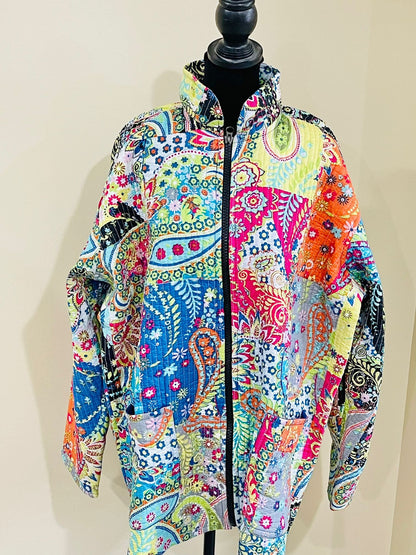 Handblock Print Fabric Quilted Jacket Short kimono Women Wear New Style Blue Flower Coat Gift For Her