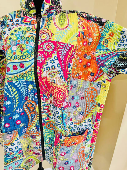 Handblock Print Fabric Quilted Jacket Short kimono Women Wear New Style Blue Flower Coat Gift For Her