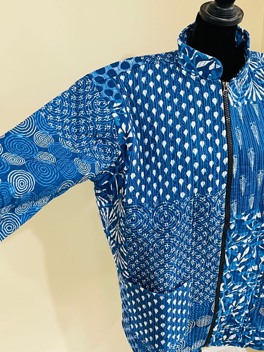 Handblock Print Fabric Quilted Jacket Short kimono Women Wear New Style Blue Flower Coat Gift For Her
