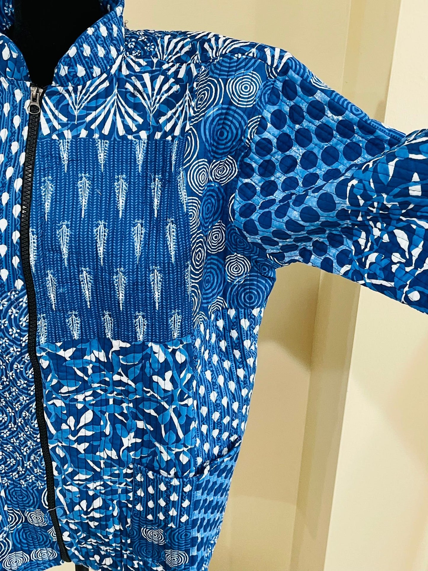 Handblock Print Fabric Quilted Jacket Short kimono Women Wear New Style Blue Flower Coat Gift For Her