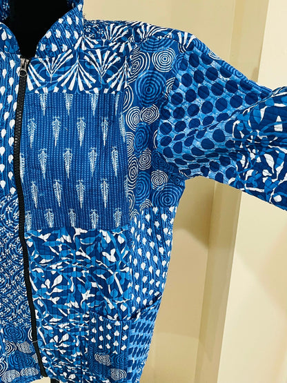 Handblock Print Fabric Quilted Jacket Short kimono Women Wear New Style Blue Flower Coat Gift For Her