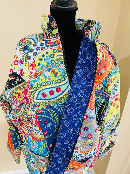 Handblock Print Fabric Quilted Jacket Short kimono Women Wear New Style Blue Flower Coat Gift For Her