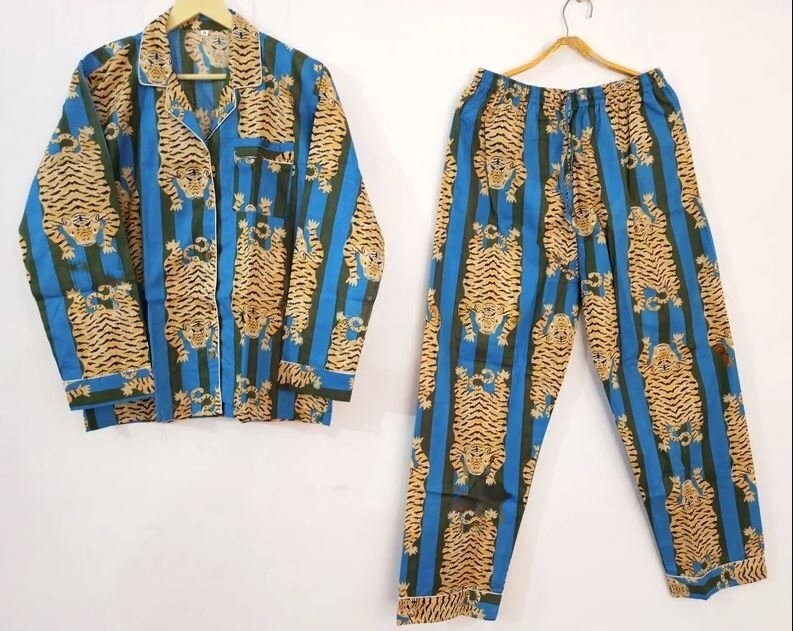 Bold Blue Tiger Print Long Pajama Set