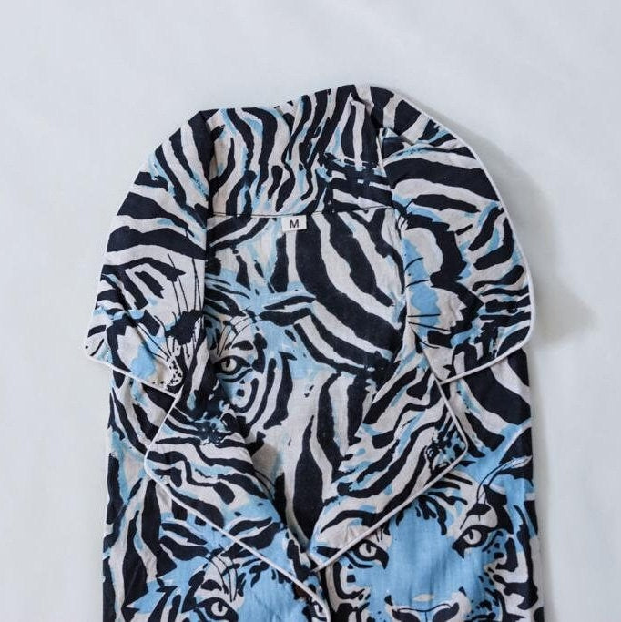 Bold Blue Long Tiger Print Pajama Set