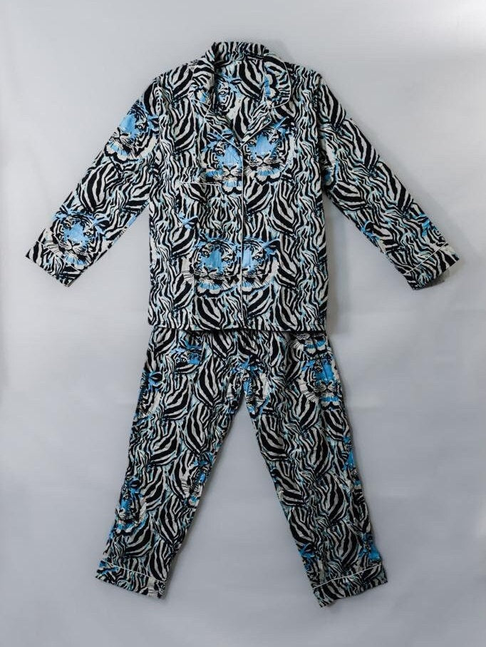 Bold Blue Long Tiger Print Pajama Set