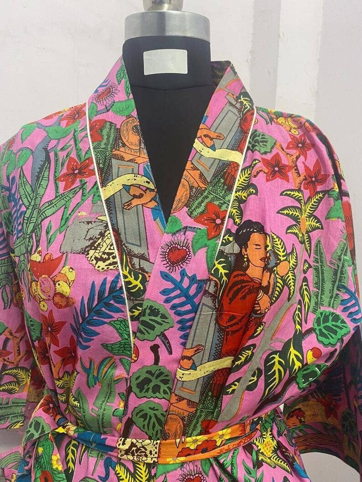 Blue Frida Khalo Long Cotton Kimono