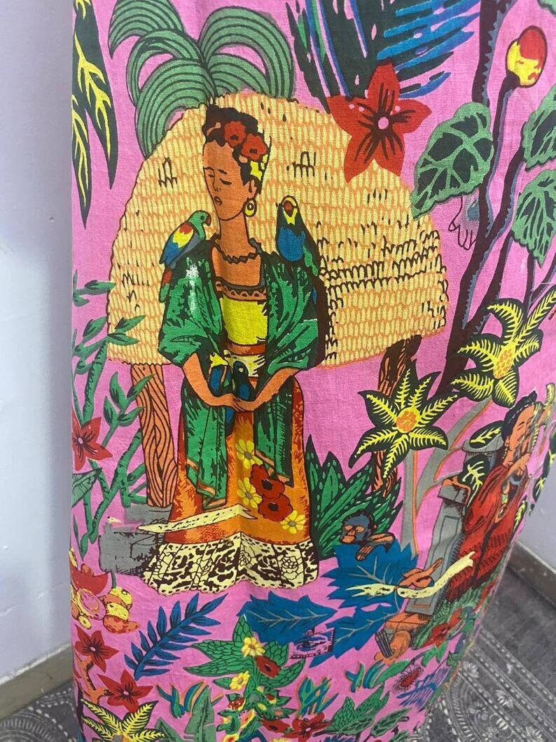 Pink Frida Kahlo Long Cotton Kimono