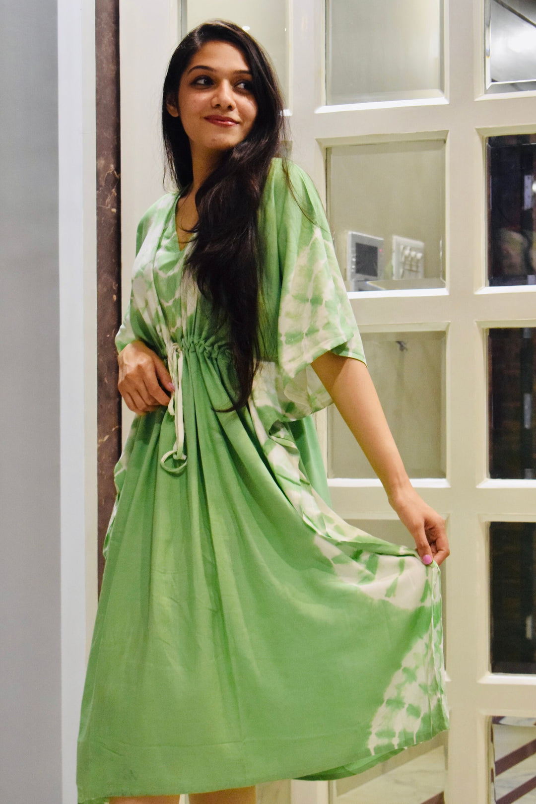 Green Tie Dye Rayon Kaftan - Boho Chic Summer Essential