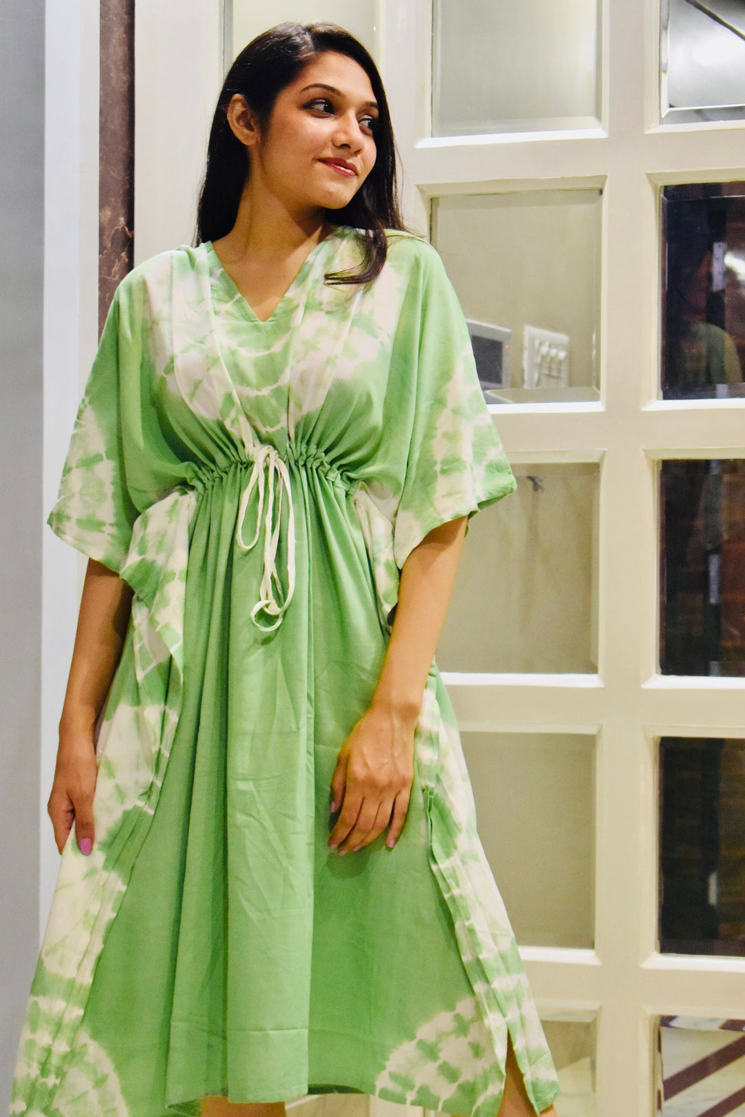 Green Tie Dye Rayon Kaftan - Boho Chic Summer Essential