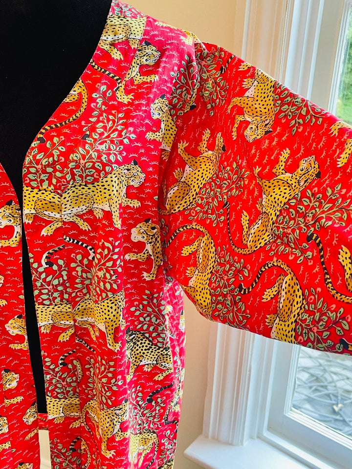 Hand Tiger Print Shrugs, Bikini Cover Up Shrugs, Red Tiger Print Cotton Shrugs, Summer Cover Up