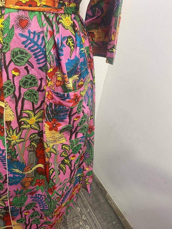 Pink Frida Kahlo Long Cotton Kimono