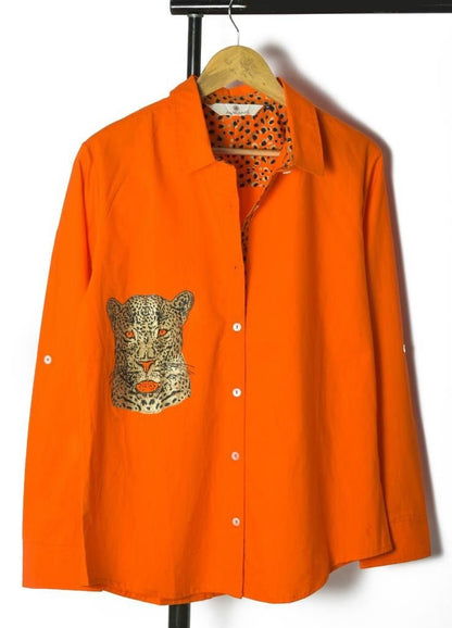 Pink Cheetah Chic: Stand Collar Cotton Shirt